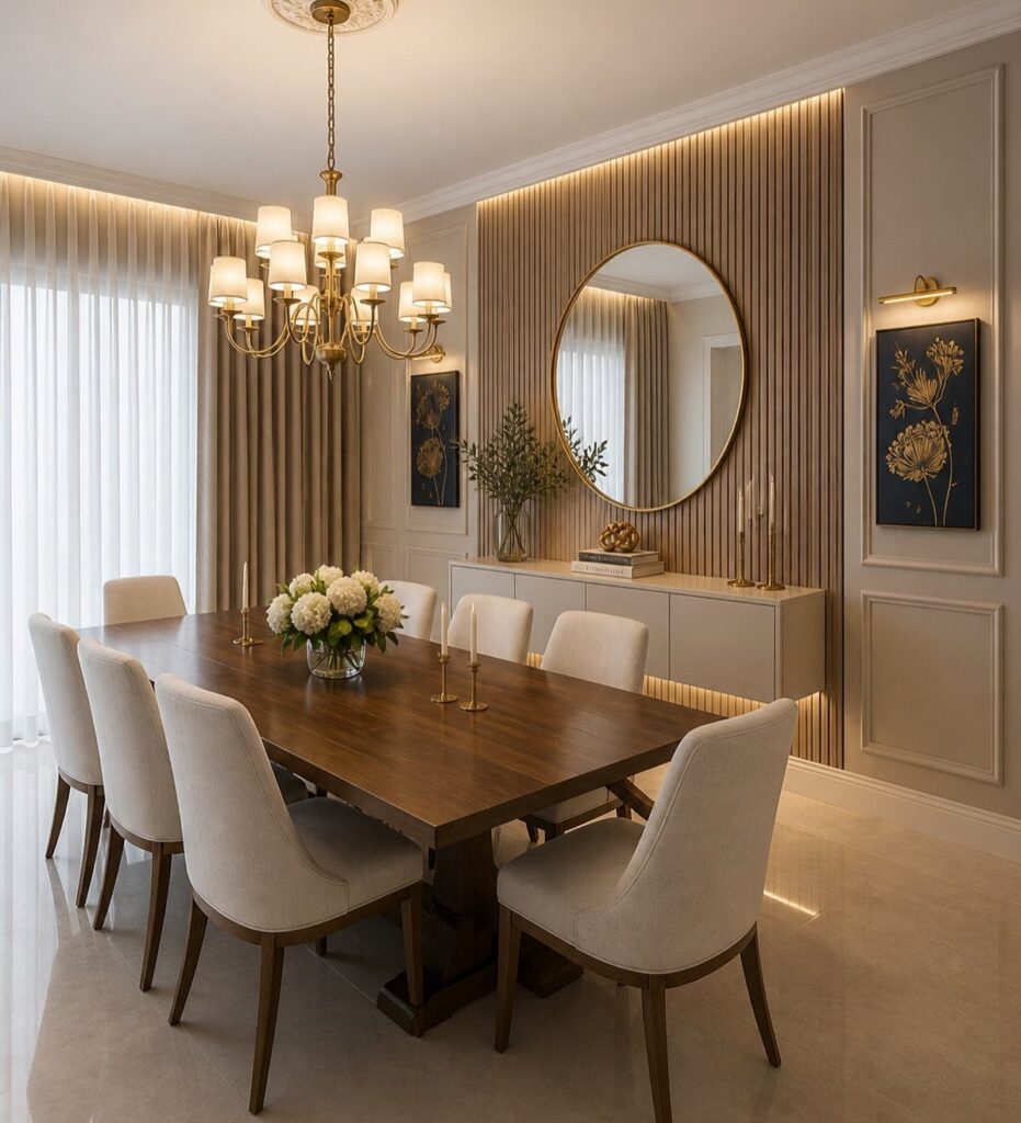 Glam dining room with a dark wood table, cream chairs, and gold chandelier.
