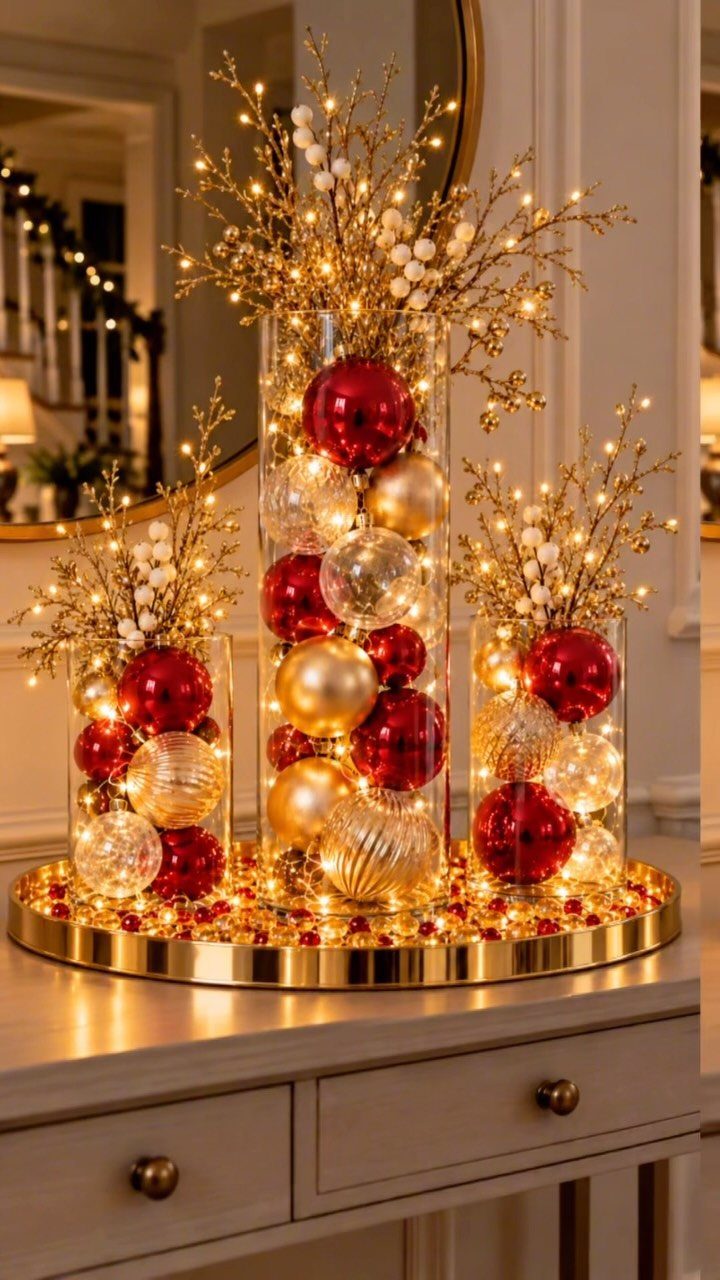 40 Home Decor Item Ideas, From Candle Holders to Sculptures 9 Three glass vases filled with red and gold ornaments and glittery branches on a tray.