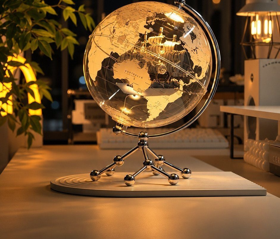 23 Cool House Items for Walls, Shelves, Desks, and Baths 12 Illuminated globe table lamp with a silver stand on a white desk base.