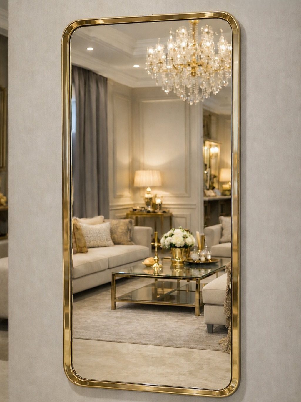 Mirror Wall Art: 25 Ideas from Sunburst to Floor Mirrors 13 Rectangular gold-framed mirror reflecting a luxury living room with a crystal chandelier.