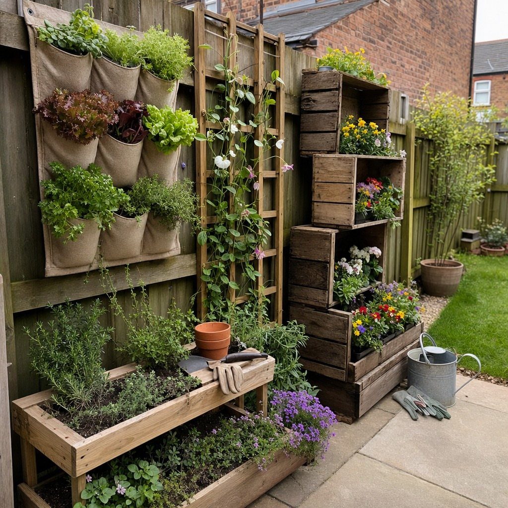 17 Wall Planting Ideas, from Green Walls to Stone Planters 1 Fabric pocket planters and wooden crates with various plants against a garden fence.