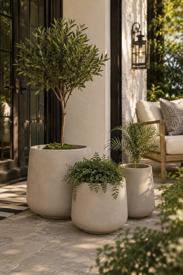 House Plant Pots: 21 Ideas in Ceramic, Terracotta and Metal 9 Three grey cylindrical concrete planters with green foliage on a stone patio.