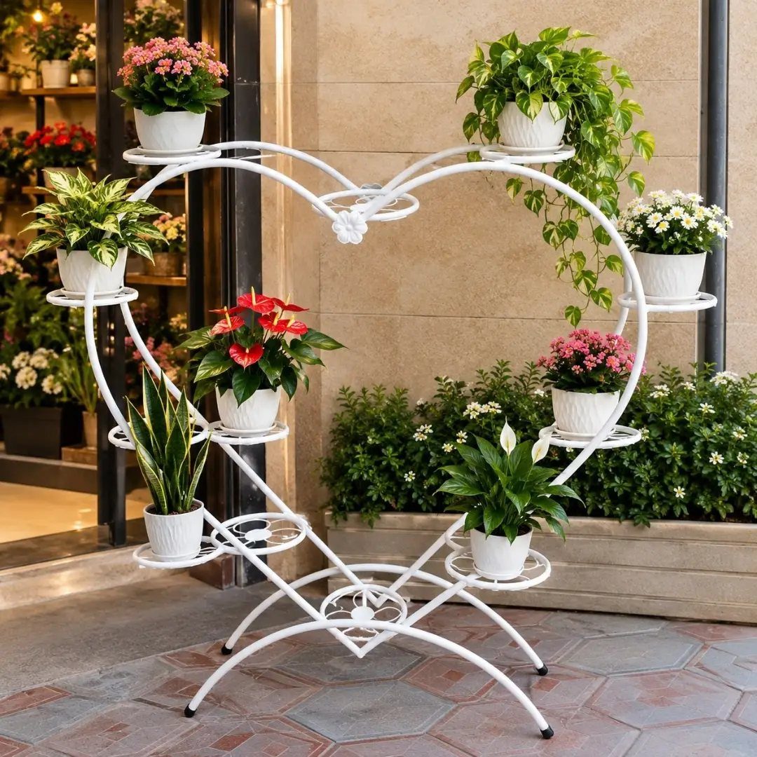 38 Flower Pot on Stand Ideas, from Iron Frames to Pedestals 28 Heart-shaped white wrought iron plant stand holding multiple white pots with colorful flowers.