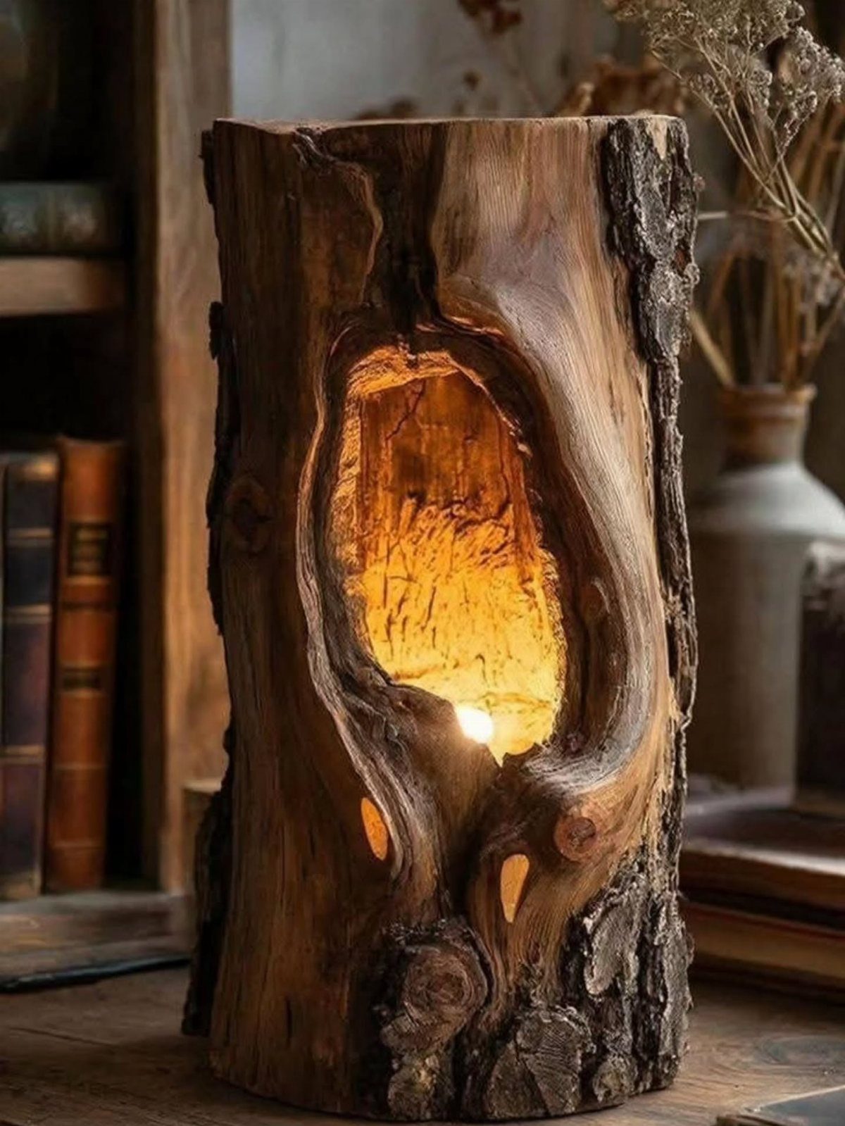 17 Handmade Lamps Ideas Using Wood, Concrete, and Glass Jars 17 Hollowed natural log lamp with warm light glowing from its center cavity.