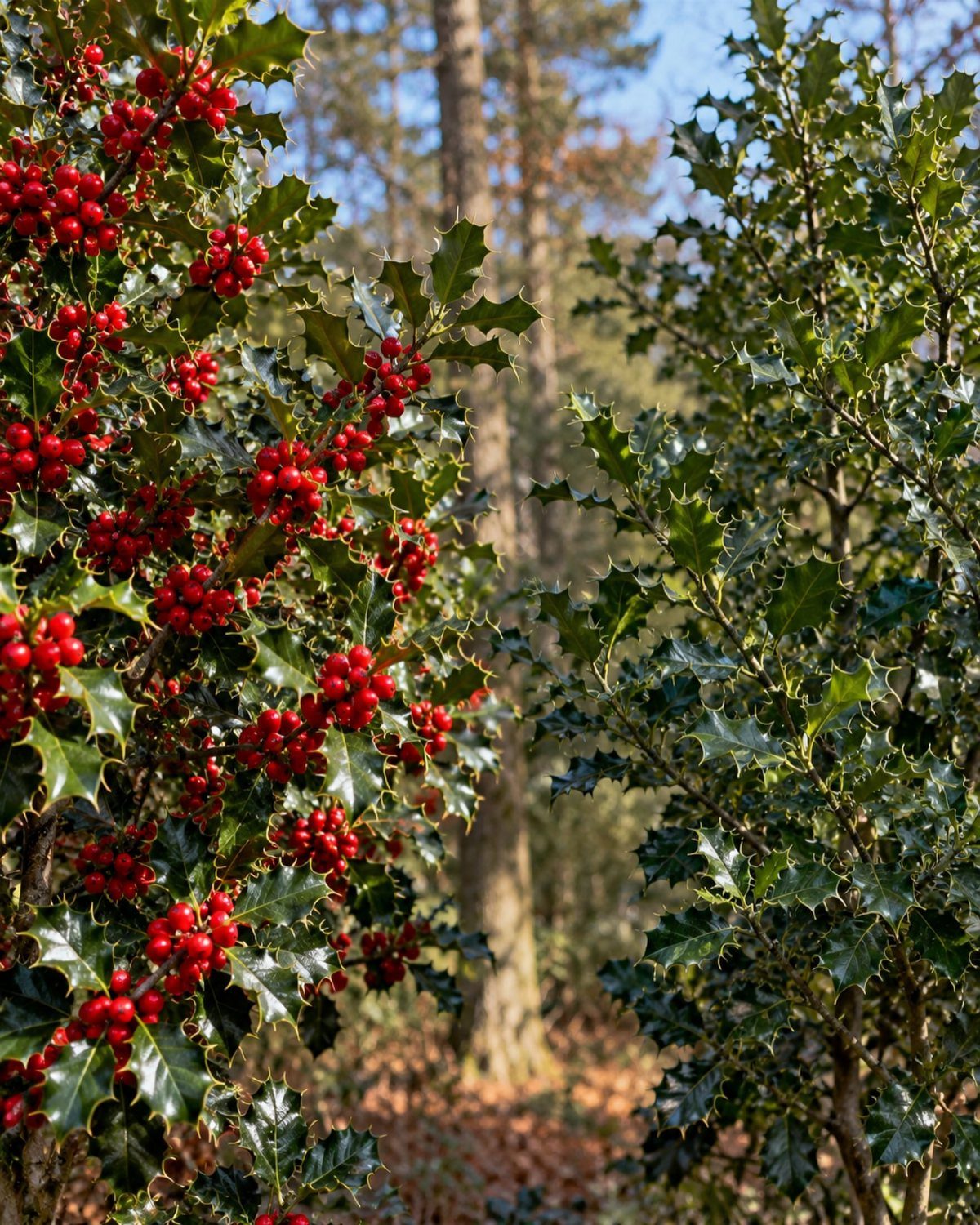 Holly bushes with glossy spiky green leaves and clusters of bright red berries.