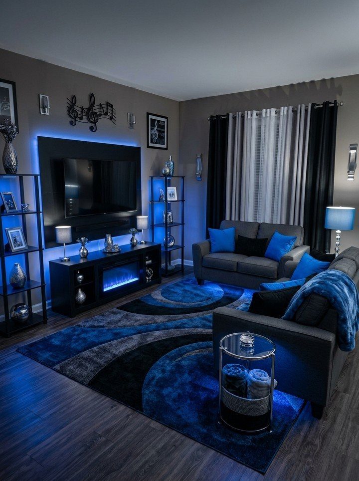 Modern living room with grey furniture and vibrant blue LED accent lighting and decor