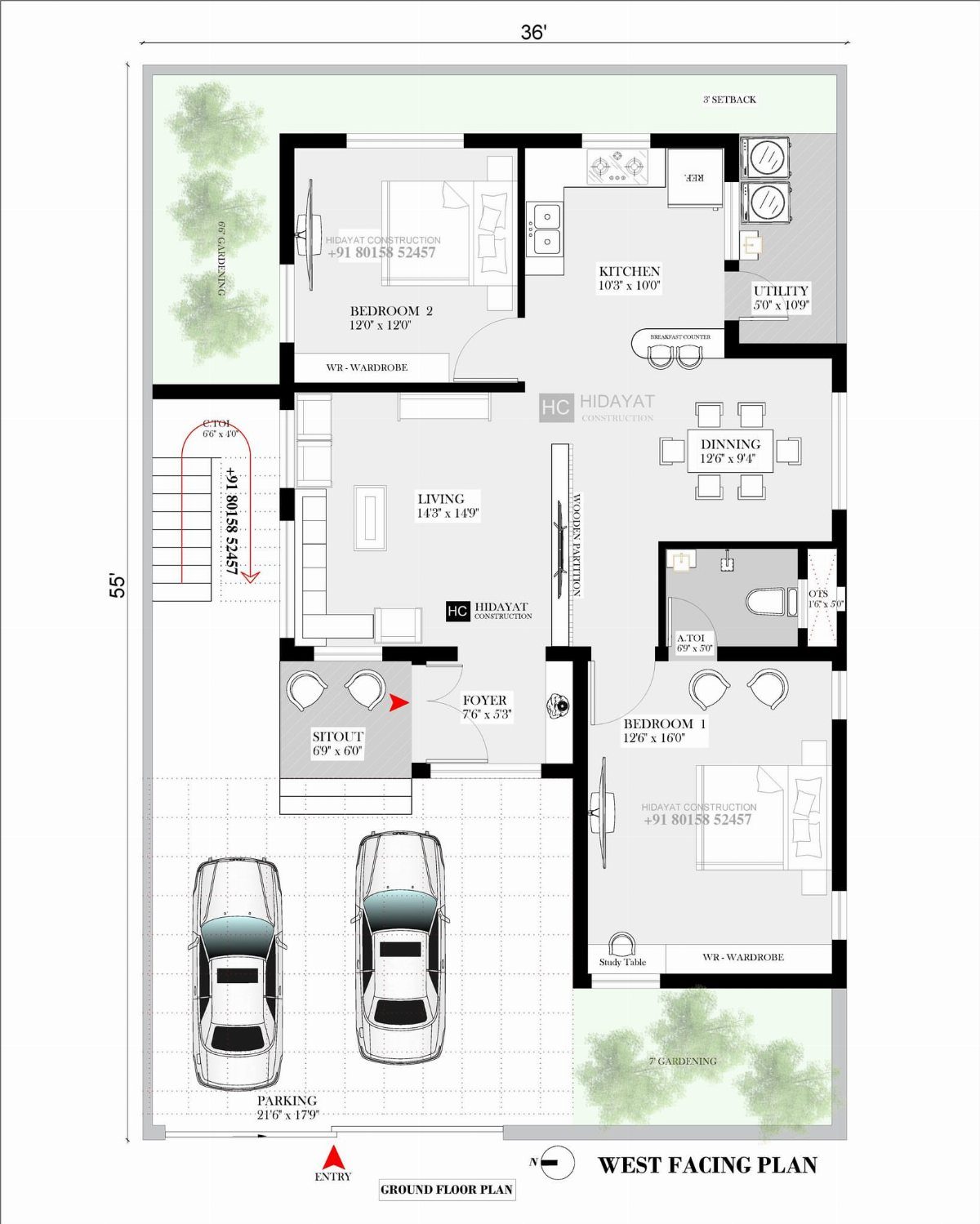 Architectural ground floor plan with labeled rooms and a two-car parking area.