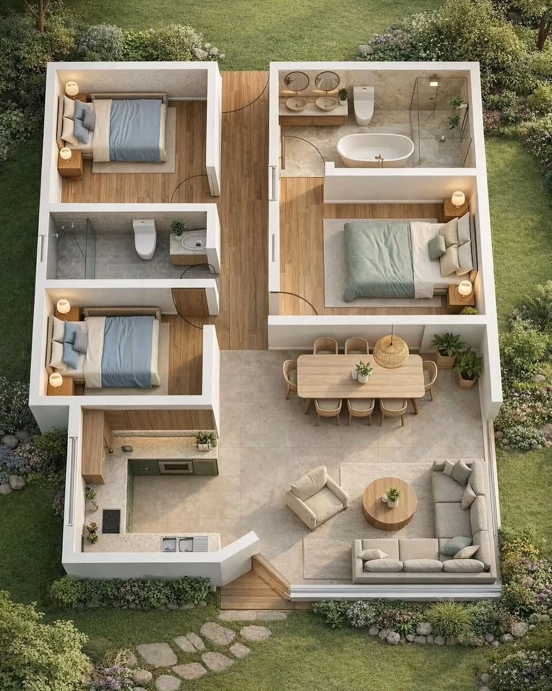 3D floor plan of a compact open-concept house with bedrooms and living area.