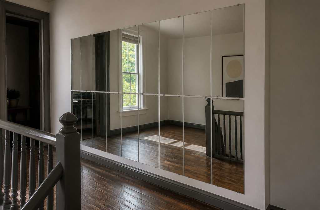 Mirror wall reflecting a furnished living room