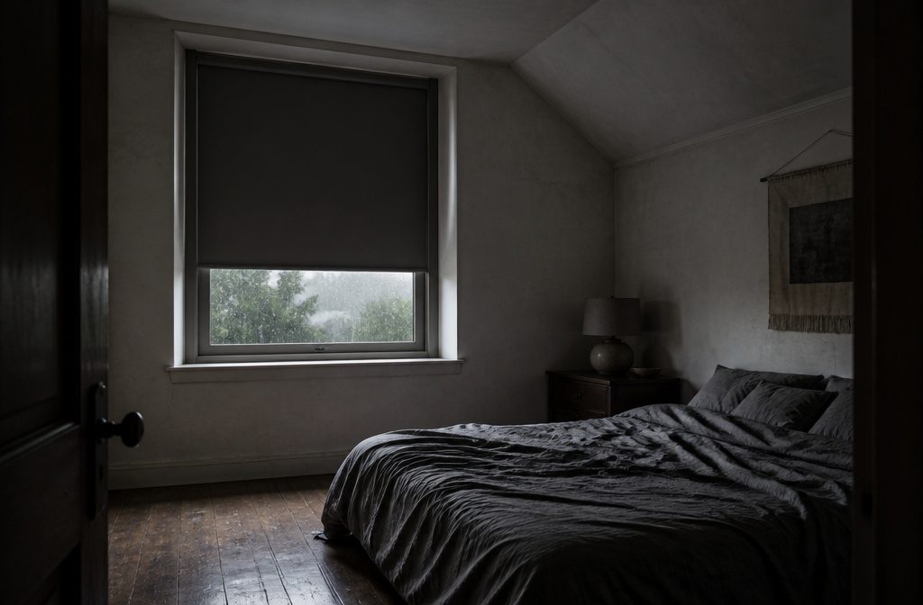 Bedroom window with layered curtains and shades beside a neatly made bed