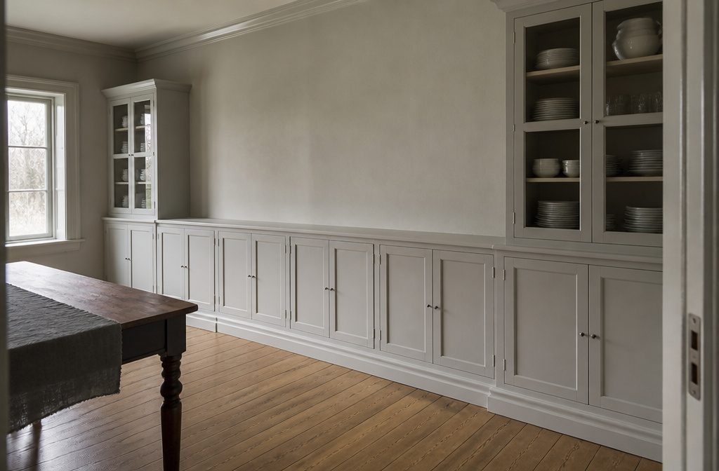 HAVSTA cabinets with trim and painted framing along a living room wall