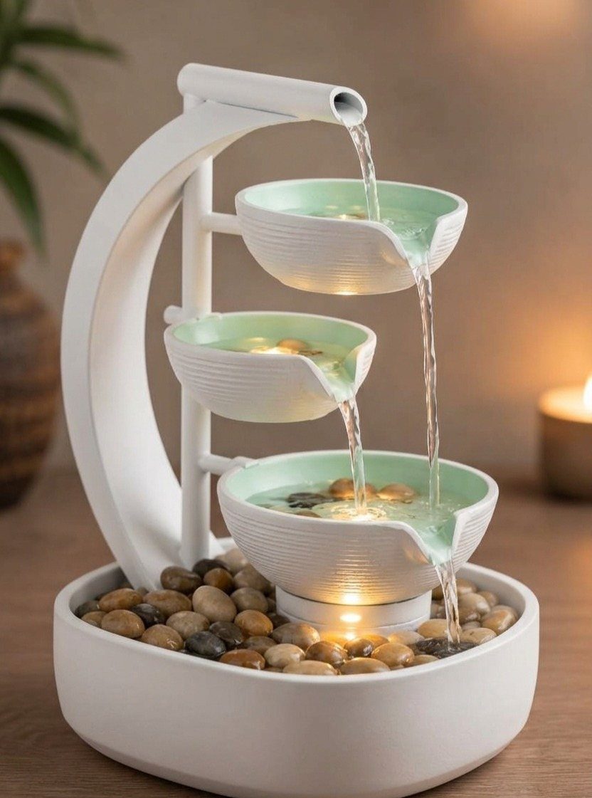 40 Home Decor Item Ideas, From Candle Holders to Sculptures 14 White tiered tabletop water fountain with cascading water and smooth river stones.