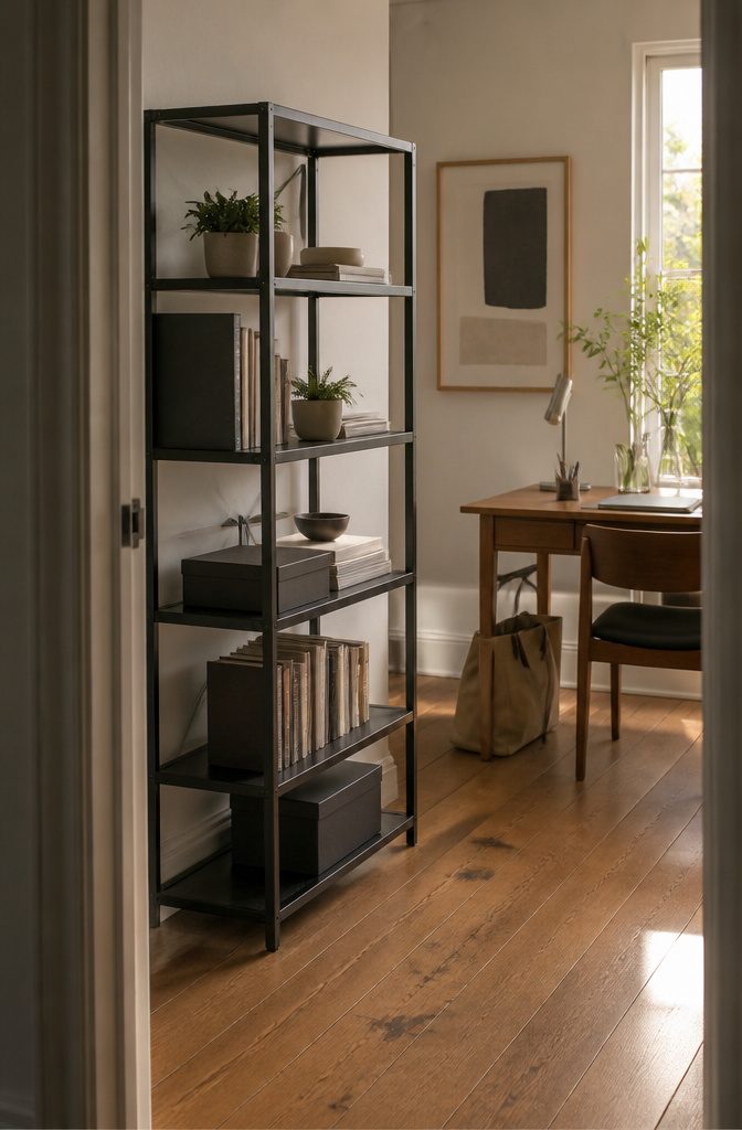Rental Friendly Shelves for Apartments, Bathrooms, and Closets 12 Dark five-tier metal bookcase with books a box plant and ceramic bowl