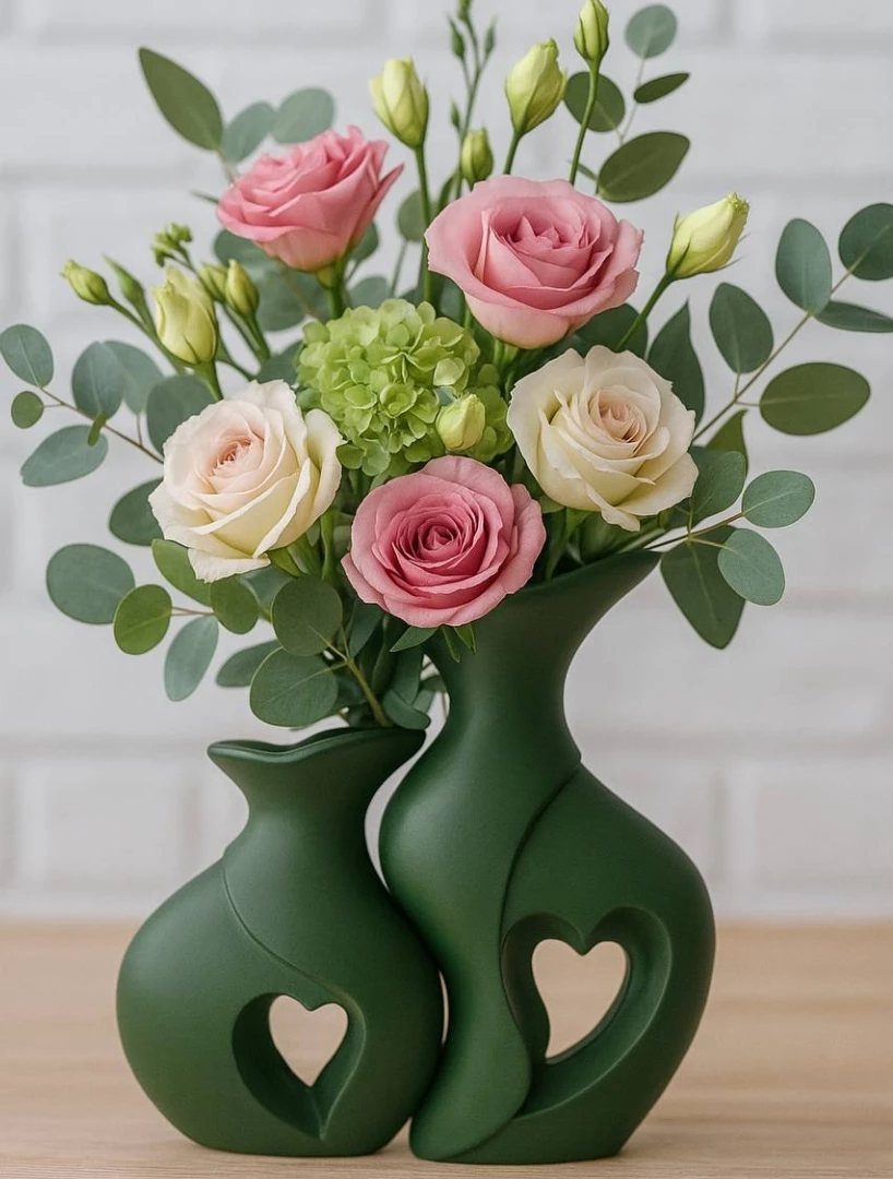 40 Home Decor Item Ideas, From Candle Holders to Sculptures 22 Interlocking heart-shaped green ceramic vases holding a bouquet of pink and white roses.
