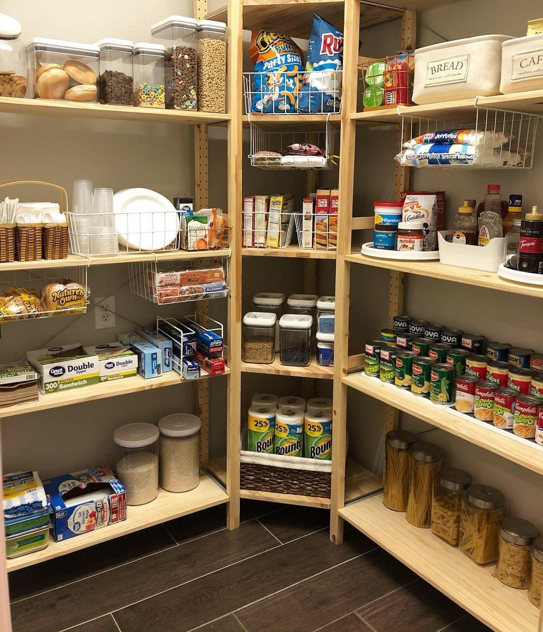 24 Corner Shelves IKEA Ideas for Kitchens, TVs and Plants 3 Wooden open corner shelving units filled with various pantry food items and containers.