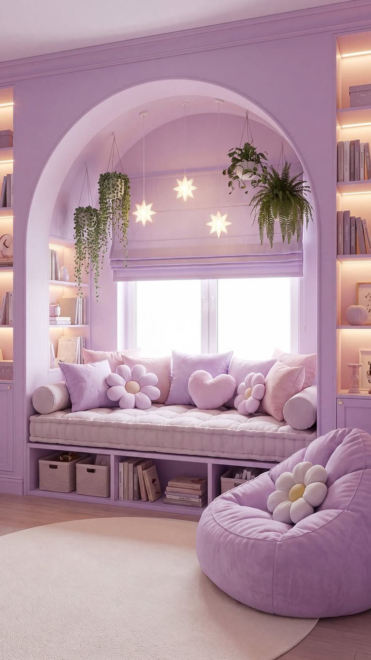 Purple reading nook with a window seat, flower pillows, and a large beanbag chair.
