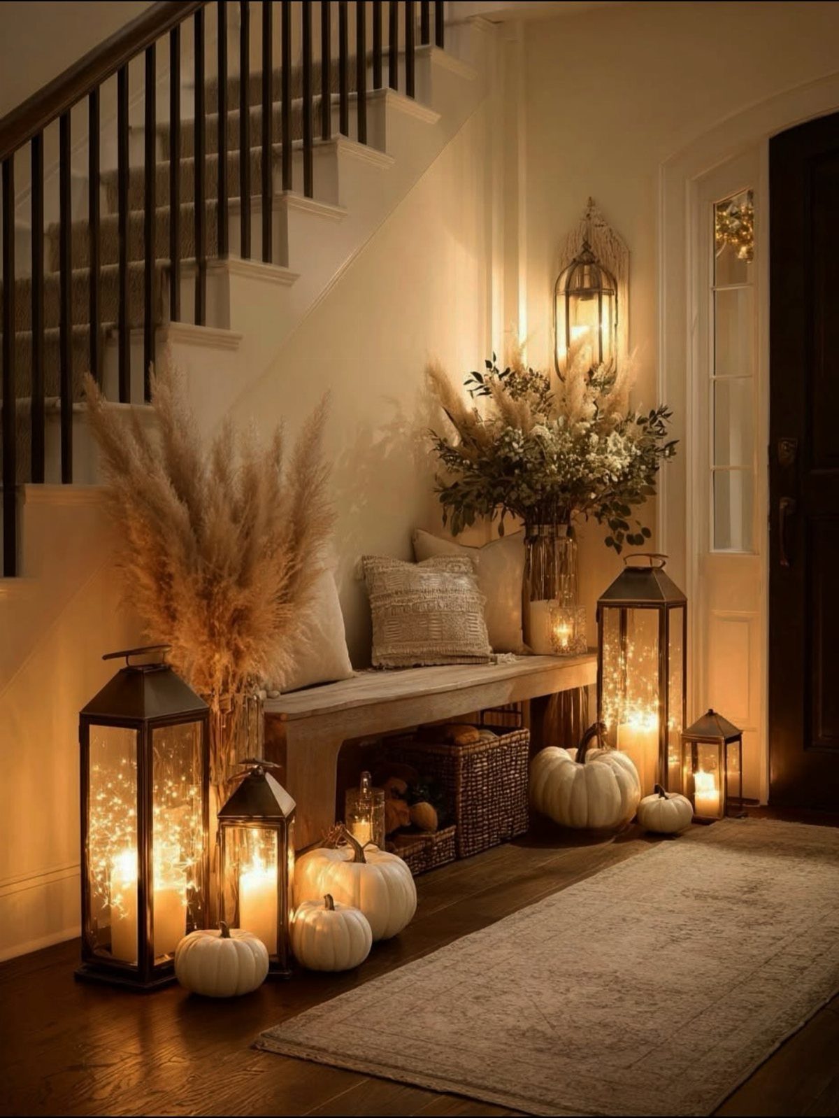 Black metal lanterns with glowing candles and white pumpkins in a cozy home corner.