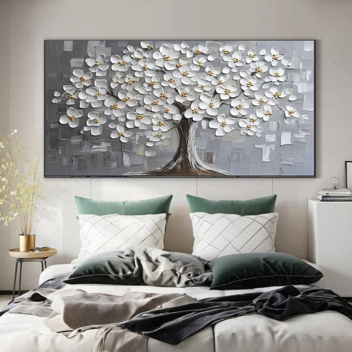 22 Bedroom Empty Wall Ideas, from Gallery Walls to Plaster 3 Large abstract painting of a white flowering tree hanging above a modern bed.