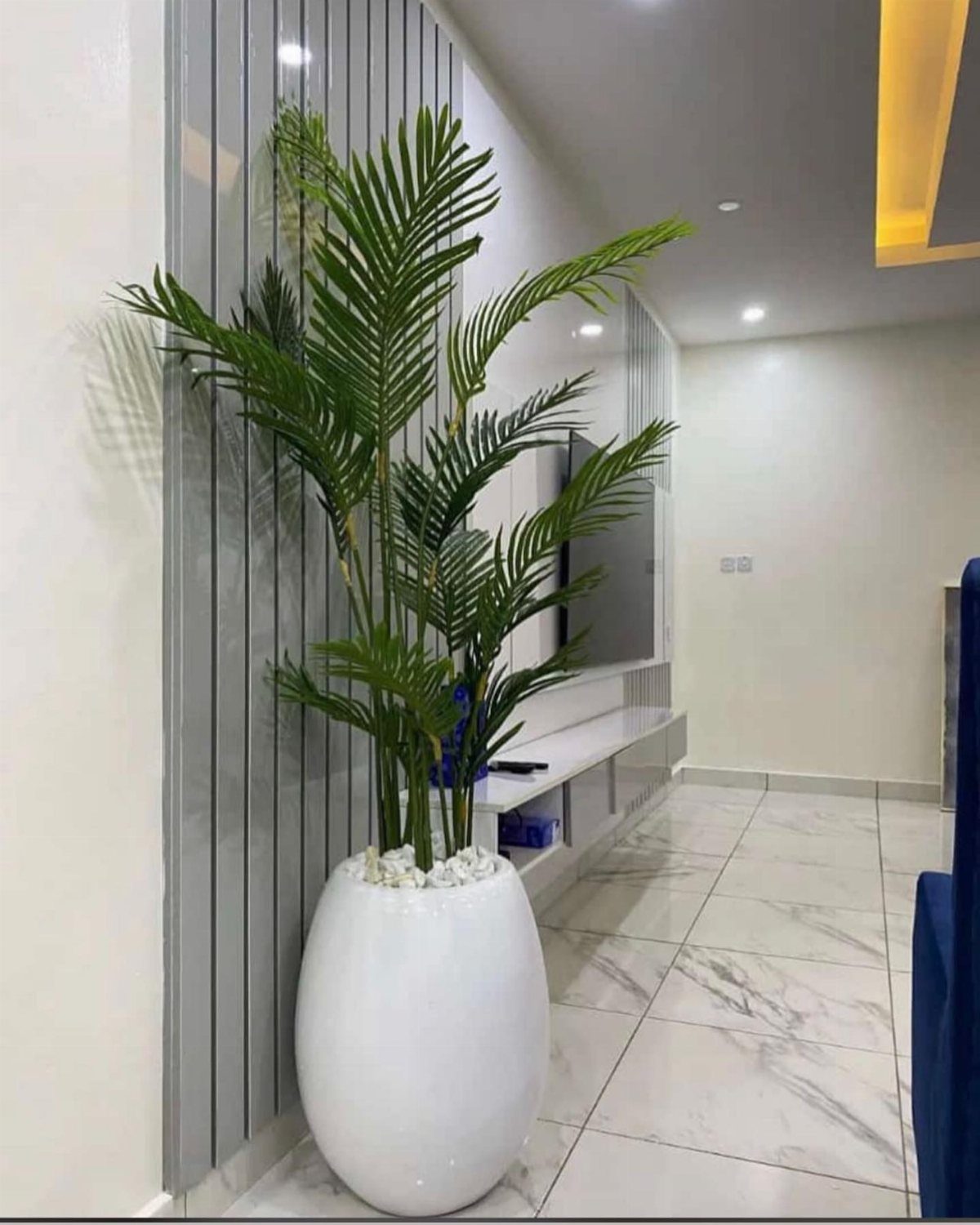 House Plant Pots: 21 Ideas in Ceramic, Terracotta and Metal 7 Large white oval planter with a tall green palm plant in a modern room.