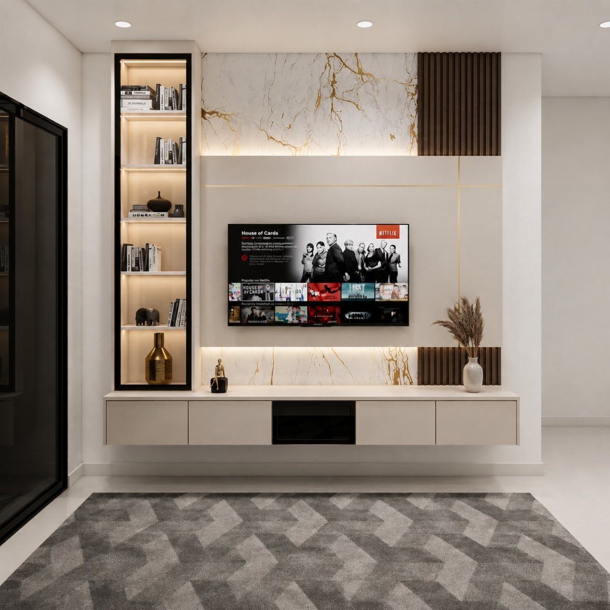 Modern TV unit with marble wall, floating white cabinet, and illuminated bookshelf.