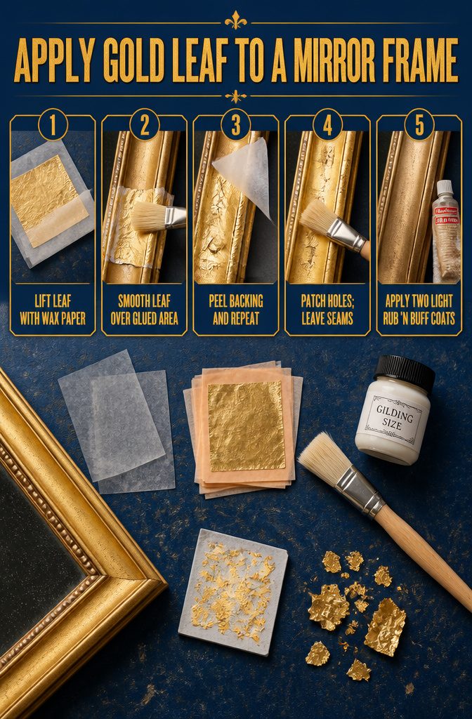 How to Make a DIY Gold Leaf Mirror Frame in 5 Simple Steps 3 Gold leaf sheet held against a mirror frame with wax paper