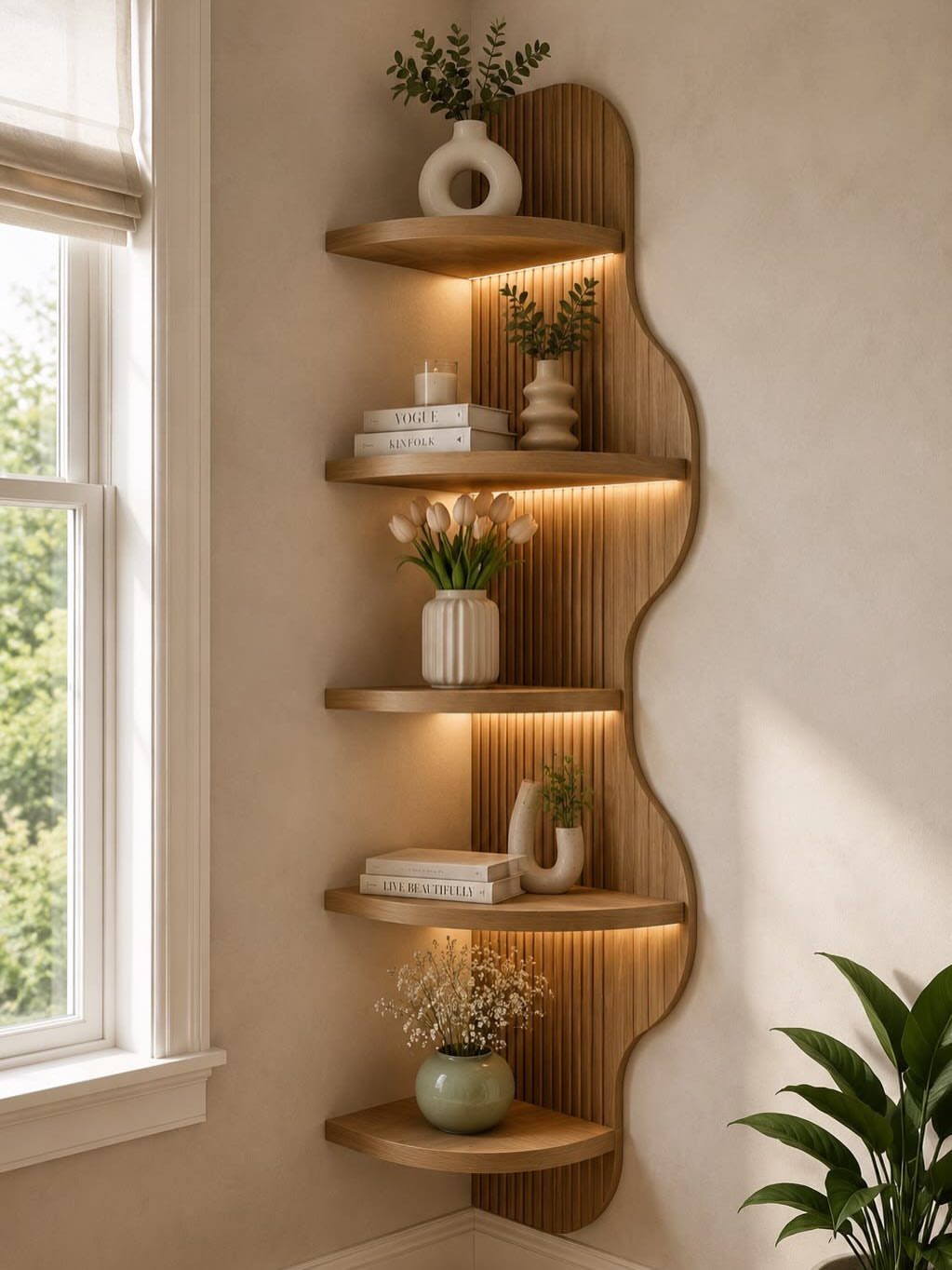 40 Home Decor Item Ideas, From Candle Holders to Sculptures 2 Wooden wall shelves with integrated warm LED lighting holding vases and books.