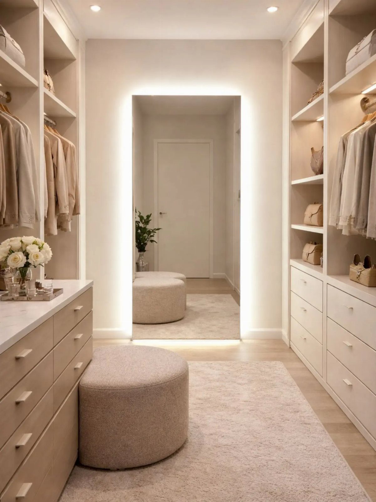 Recessed full-length mirror with integrated perimeter lighting in a white walk-in closet