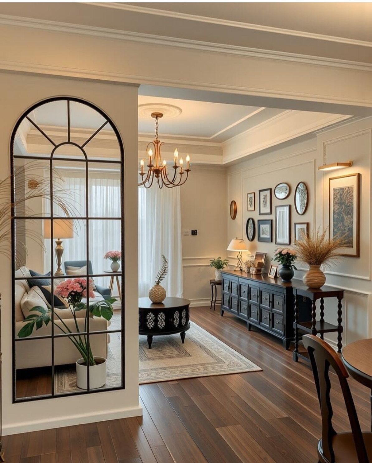 Arched black grid mirror reflecting a living room with a white sofa and chandelier
