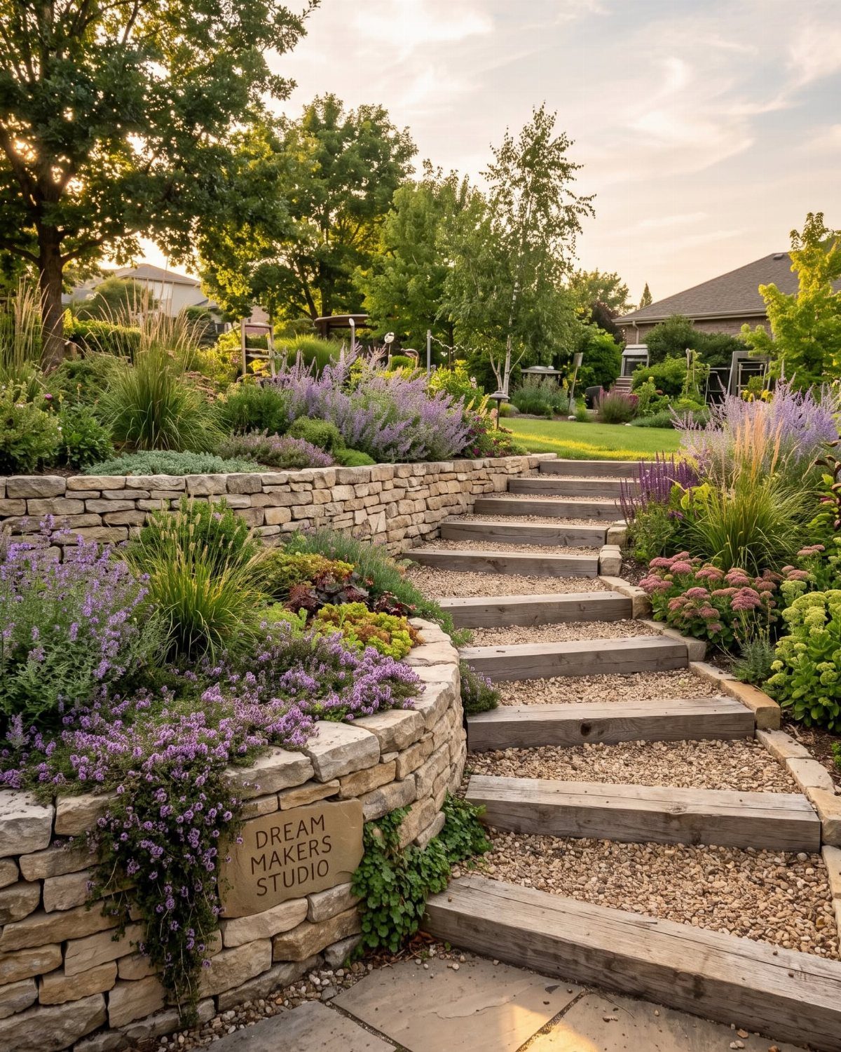 17 Wall Planting Ideas, from Green Walls to Stone Planters 8 Low stone retaining walls holding purple flowers beside wooden garden steps.