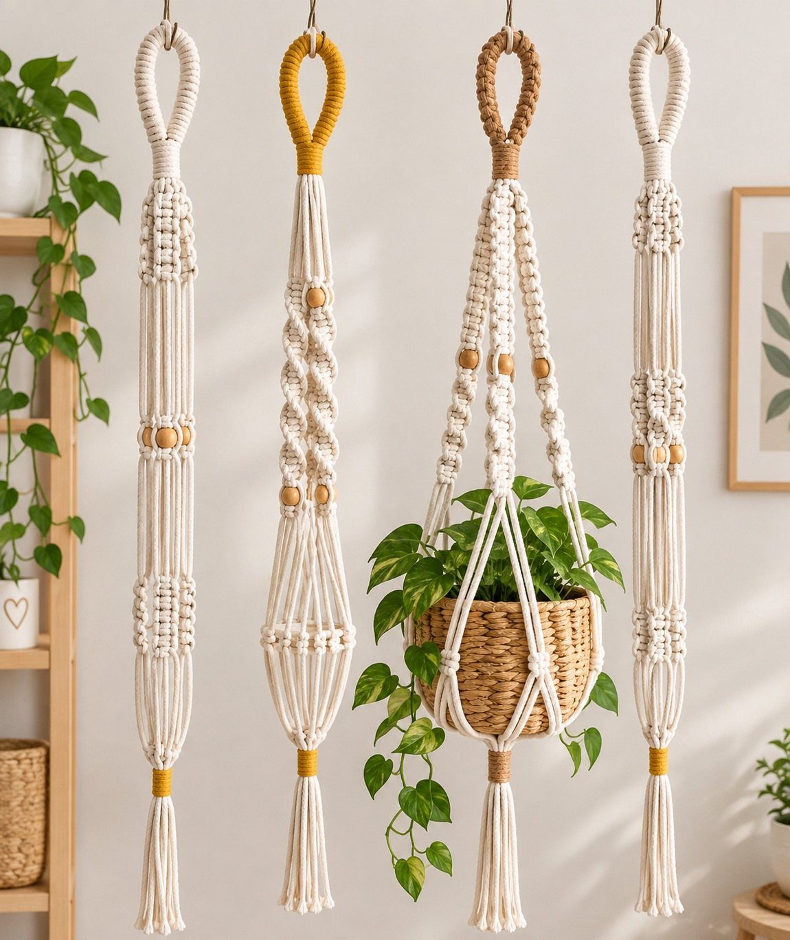 House Plant Pots: 21 Ideas in Ceramic, Terracotta and Metal 15 Four cream macrame plant hangers, one holding a woven basket with a green plant.