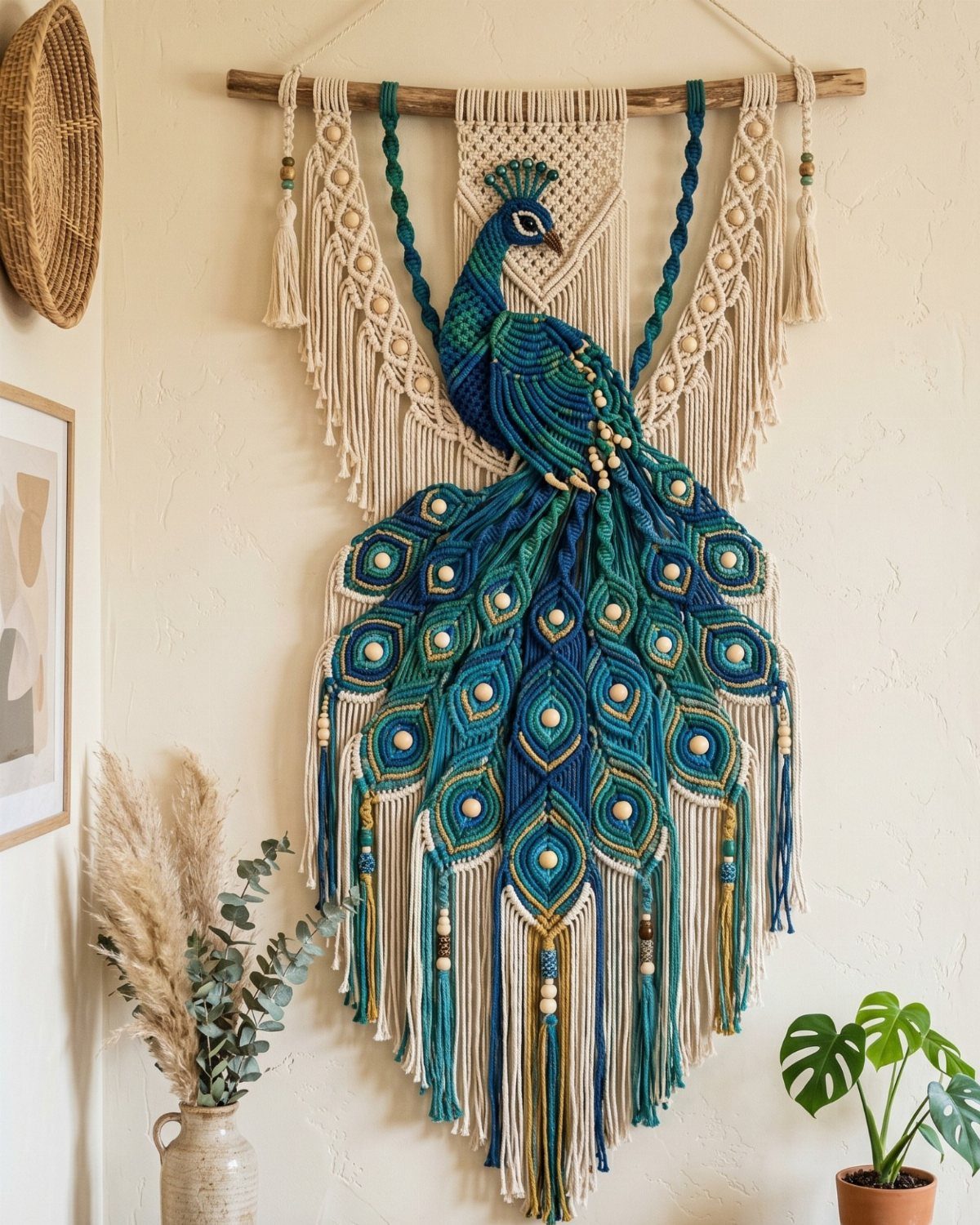 23 Cool House Items for Walls, Shelves, Desks, and Baths 4 Macrame wall hanging shaped like a peacock in blue and cream tones on white wall.