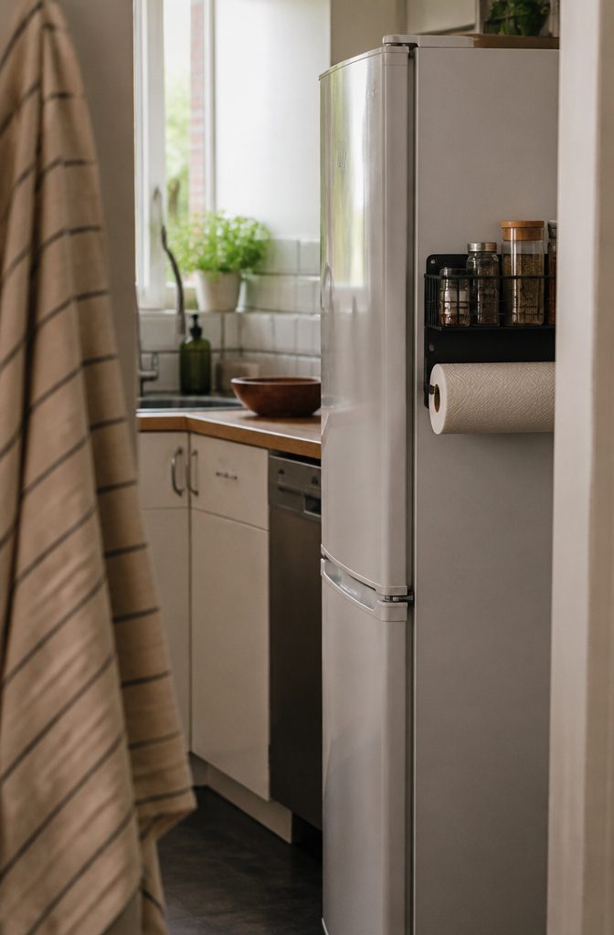 Rental Friendly Shelves for Apartments, Bathrooms, and Closets 10 Black magnetic refrigerator shelf holding spice jars and paper towels