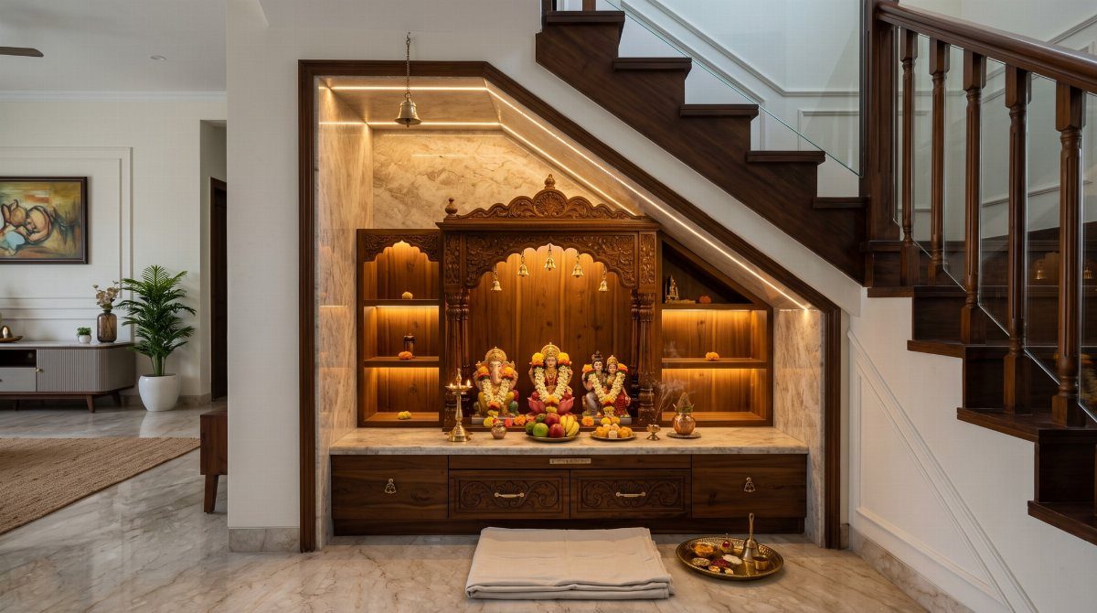 34 Puja Unit Design Modern Ideas for Your Home in 2026 27 Wooden Hindu prayer mandir built into a recessed nook under a dark wood staircase.