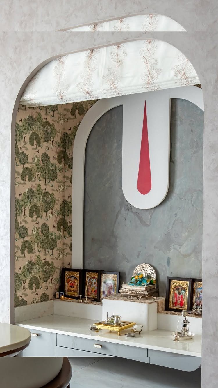 34 Puja Unit Design Modern Ideas for Your Home in 2026 11 Modern pooja unit with a grey marble backdrop and white arched frame.