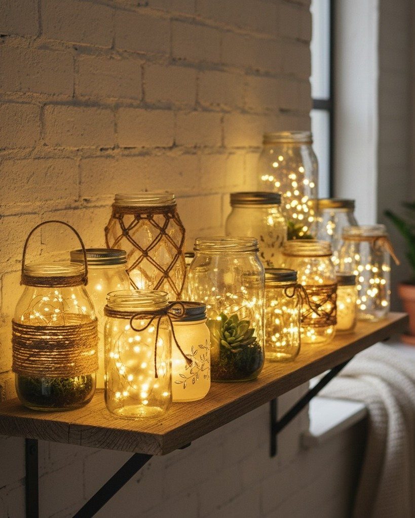 17 Handmade Lamps Ideas Using Wood, Concrete, and Glass Jars 13 Clear glass mason jars filled with fairy lights on a wooden shelf against brick.