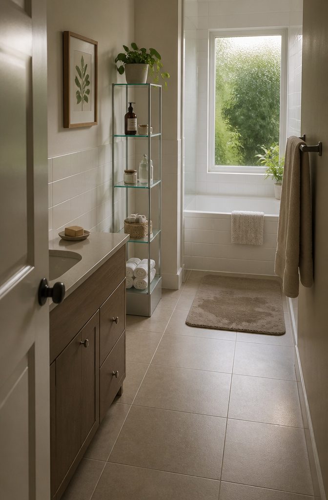 Rental Friendly Shelves for Apartments, Bathrooms, and Closets 15 Narrow glass bathroom storage unit beside a toilet and sink