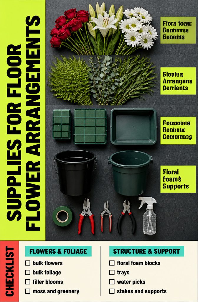Flower arrangement supplies with buckets floral foam trays tools and foliage