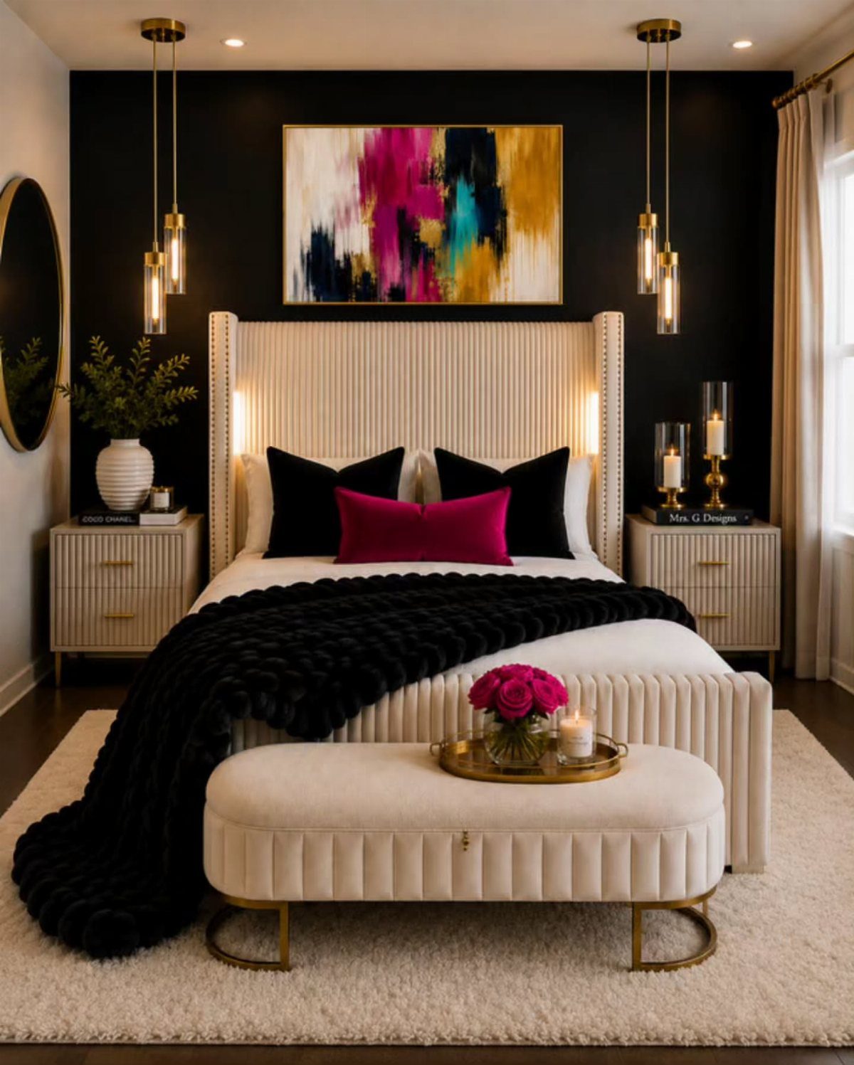 13 Alt Room Decor Ideas with Moody Colors, Wood, and Plants 13 Luxurious bedroom with black accent wall, cream furniture, and colorful abstract art.