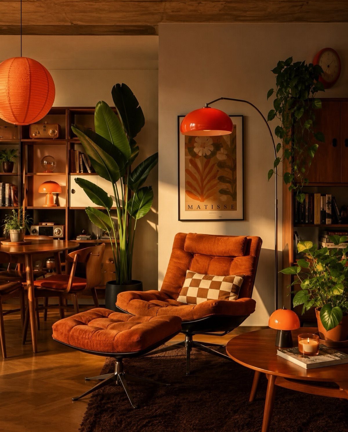 Orange midcentury modern lounge chair and ottoman in a cozy, plant-filled reading area.