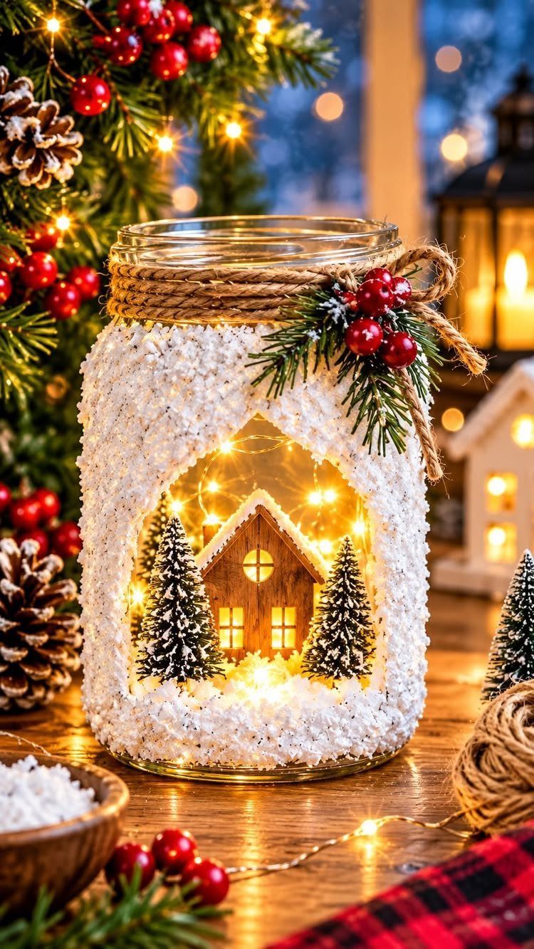 17 Handmade Lamps Ideas Using Wood, Concrete, and Glass Jars 15 Mason jar lamp with a miniature glowing house and winter decorations.