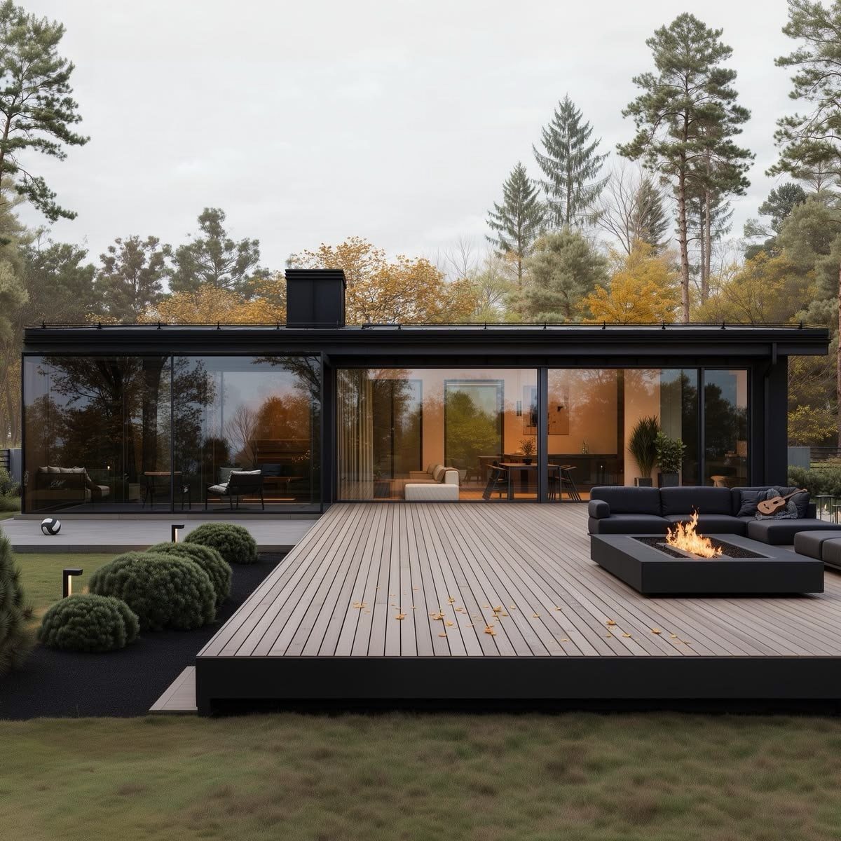 Modern black house with glass walls and a wooden deck featuring a fire pit.