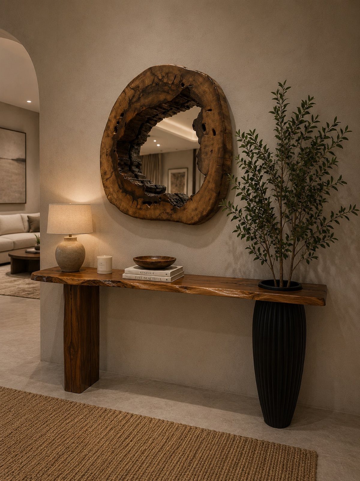 Round natural wood frame mirror hanging above a live-edge wooden console table