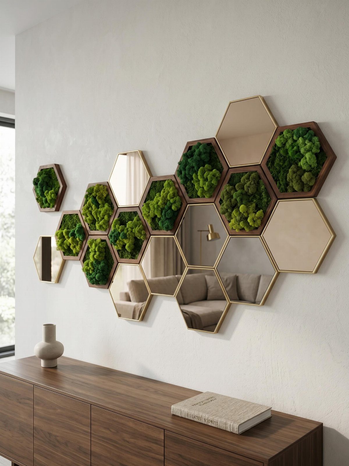 Hexagonal mirrors and green moss panels arranged in a honeycomb pattern on a wall.
