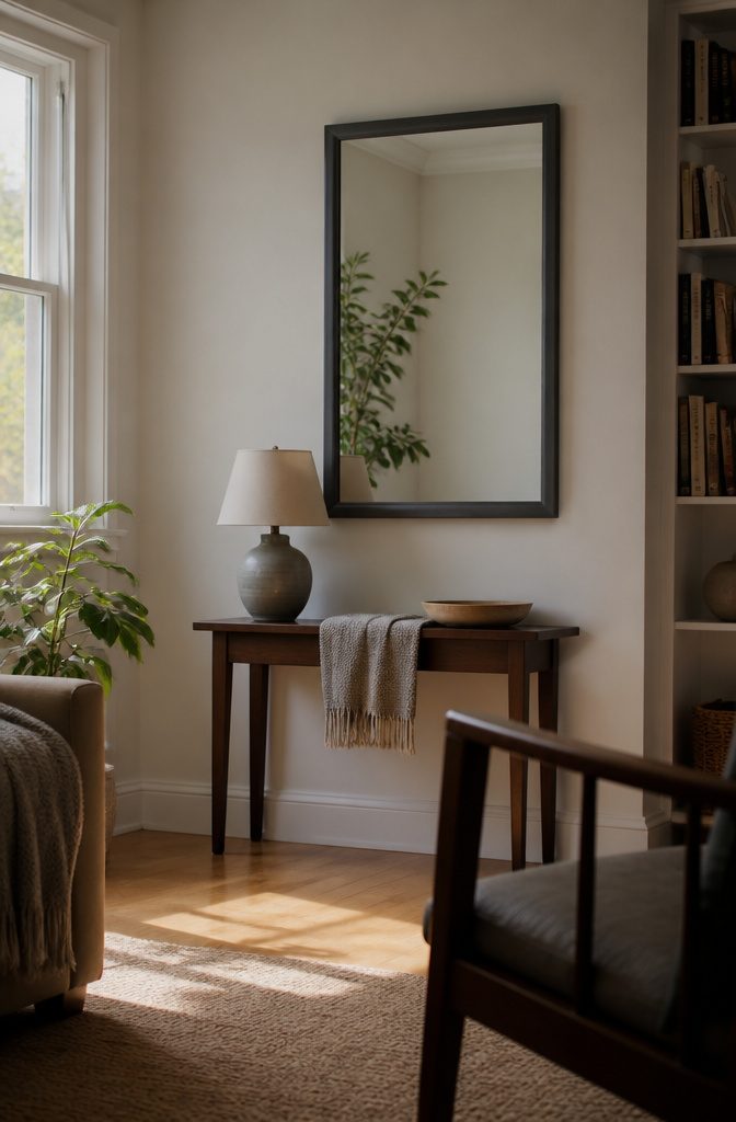 How to Make a Mirror Wall: 6 Ways, From Panels to Framed Glass 4 Rectangular glass mirror with a muted charcoal frame in a sitting room