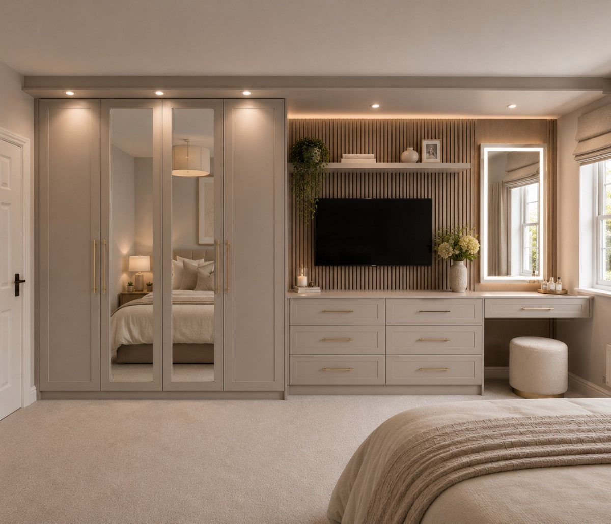 12 Small Bedroom Mirror Ideas That Make a Room Feel Bigger 7 Built-in wardrobe with mirrored closet doors in a neutral toned modern bedroom