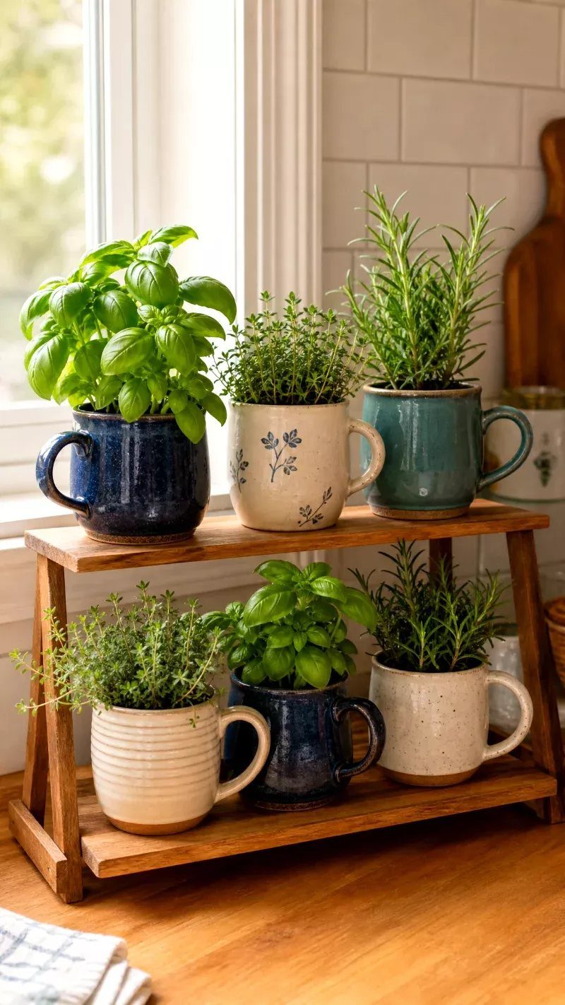 House Plant Pots: 21 Ideas in Ceramic, Terracotta and Metal 17 Herbs growing in ceramic mugs on a two-tiered wooden plant stand by a window.