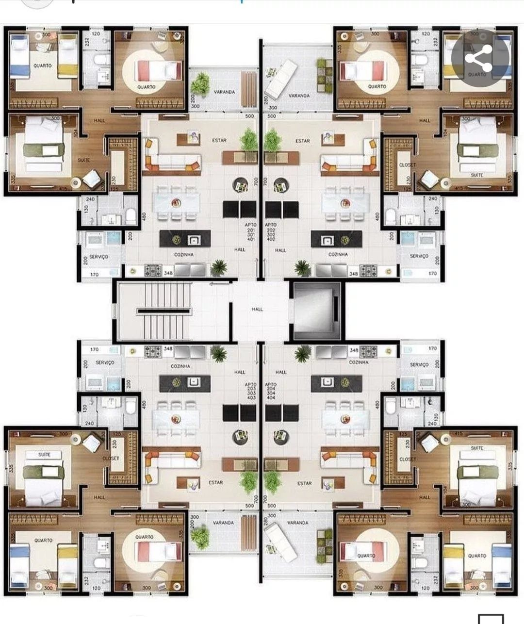 Architectural floor plan showing a symmetrical four-unit residential layout with detailed room divisions.