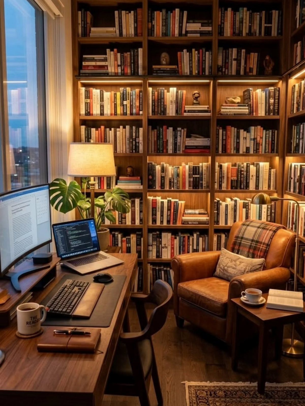 Brown leather armchair and wooden desk set against a massive wall of books.