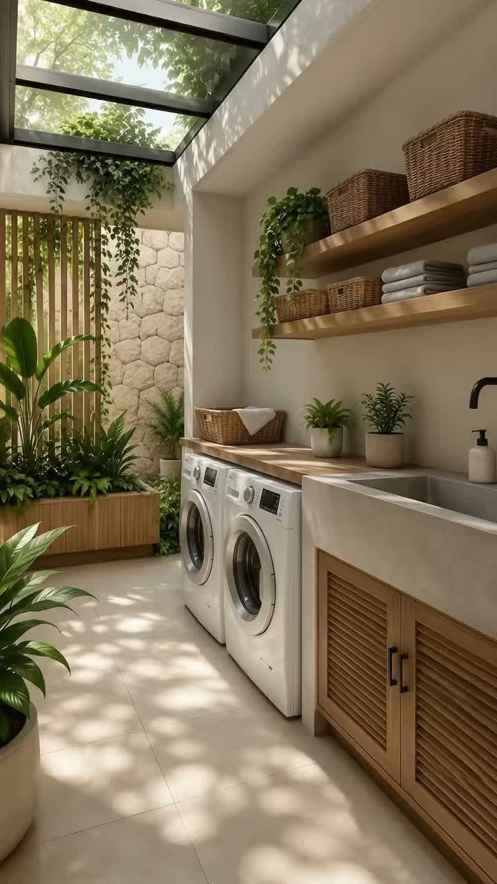 Laundry room with wooden shelves, woven baskets, concrete sink, and lush green plants.