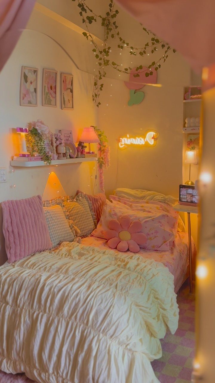 Cozy bedroom with pink bedding and a small orange neon sign on the wall.